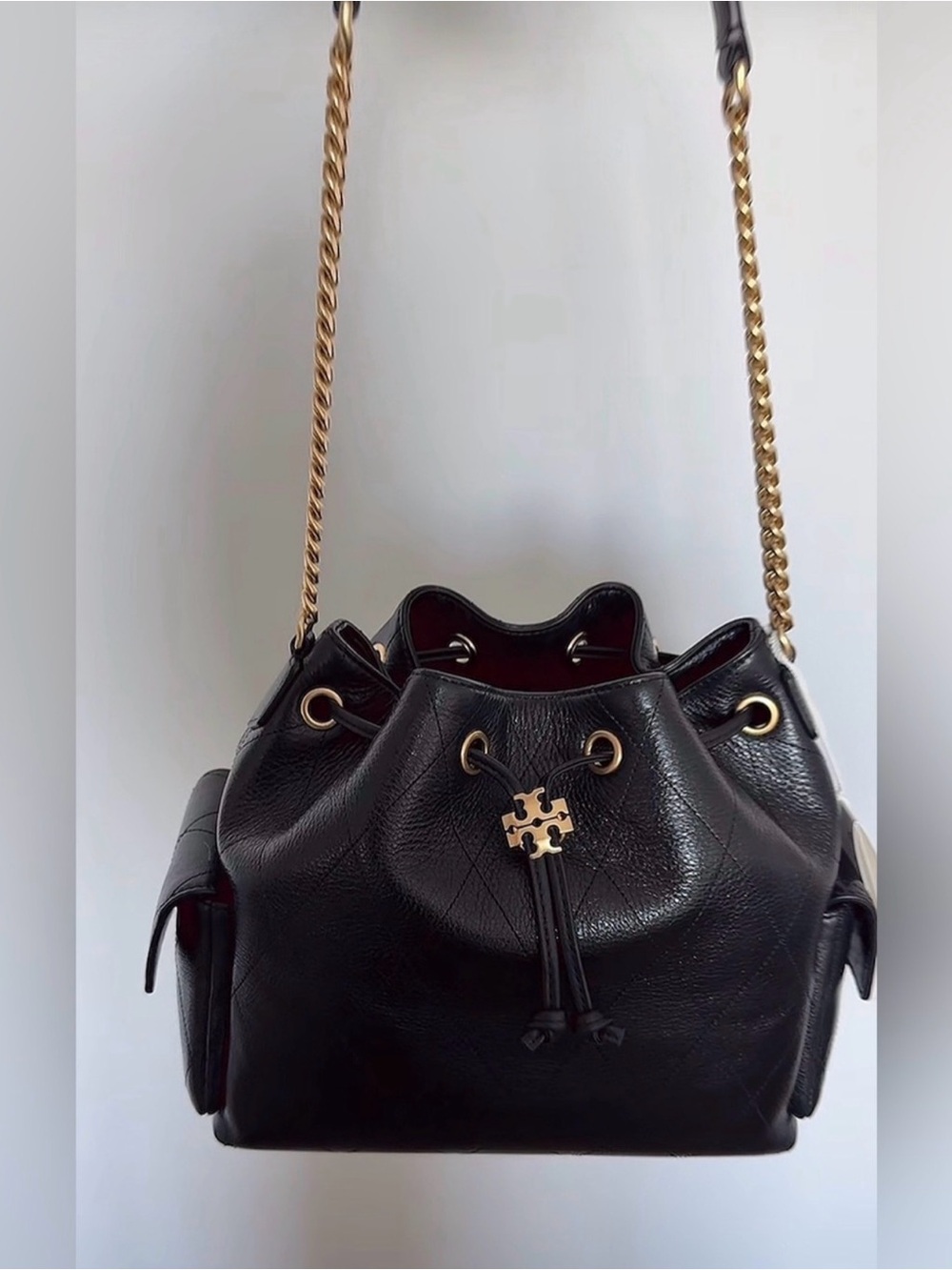Tory Burch Black Leather Drawstring Bag with Gold Chain (Brand New)